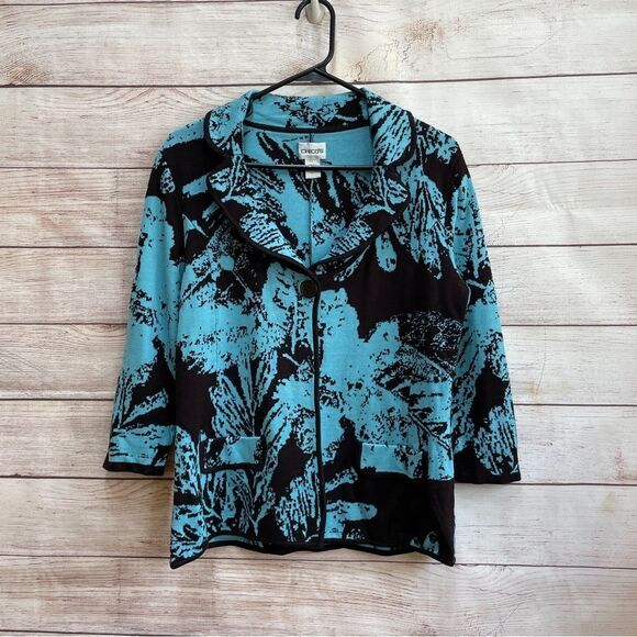 CHICOS SILK BLEND SWEATER IN TEAL PRINT - Picture 1 of 5